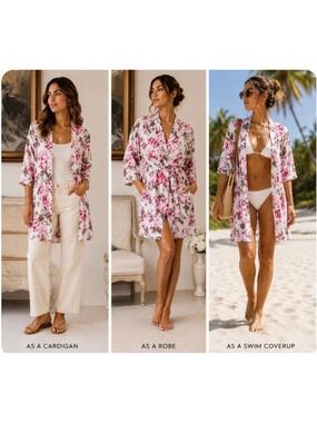 Women's Show Me Your Mumu Floral Cardigan/Swim Coverup /Robe One Size White Pink